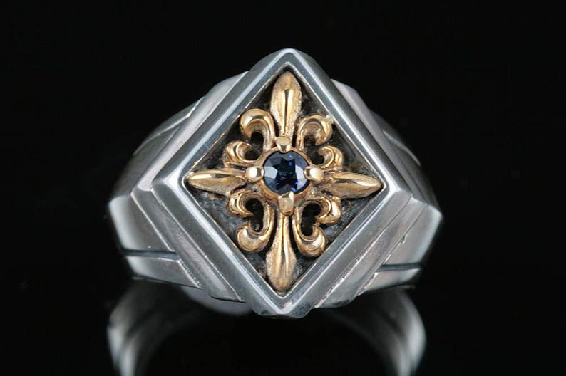 Sergius Gothic Style Sterling Silver Two Tone Ring With Natural Sapphire MR-048