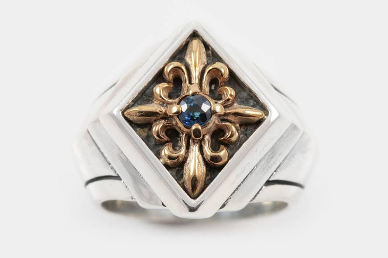 Sergius Gothic Style Sterling Silver Two Tone Ring With Natural Sapphire MR-048