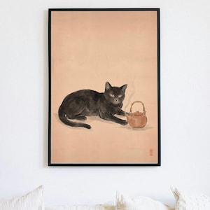Väggkonst med svart katttekanna, japanskt folkligt Haiga-tetryck, nyckfull asiatisk kattälskare-dekor, digital nedladdning