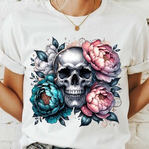 Floral Skull Clip Art PNG: Boho T-Shirt Design Elements (Digital Download)