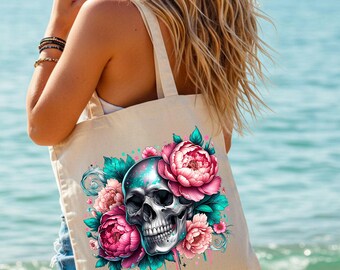 Sublimation Floral Skeleton Clip Art PNG - Digital Download, Boho Flower Skull Clipart - Shirt Design Elements, Skeleton Tote Bag Design