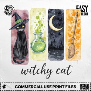 Witchy Cat PNG, Halloween Png, Black Cat Clipart, Potion Png, Broom Png, Moon Png, Digital Download