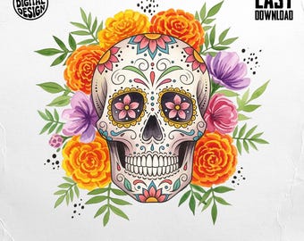 Puede incluir: Ilustración de una calavera de azúcar colorida con detalles florales. La calavera está decorada con patrones intrincados y rodeada de flores naranjas, moradas y rosas. Incluye los textos "PNG DIGITAL DESIGN", "EASY DOWNLOAD" y "COMMERCIAL USE PRINT FILES".