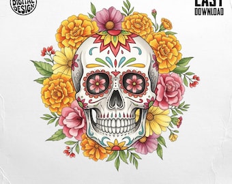 Calavera floral (Png), Calavera de azúcar (Png), Día de los Muertos (Png), Calavera (Png), Clipart floral, Día de los Muertos, Descarga digital