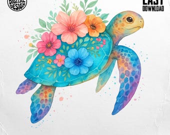 Floral Sea Turtle Png, Turtle Digital Download, Watercolor Turtle Clipart, Beach Png, Sublimation Design, Digital