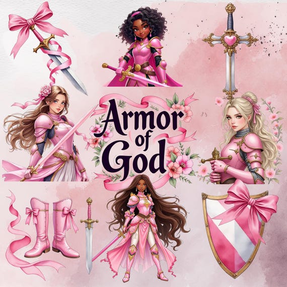 Armor Of God Clip Art, Christian Girls PNG, Pink Warrior Bible Verse, Junk Journal Art , Sticker Sublimation, Transparent Background
