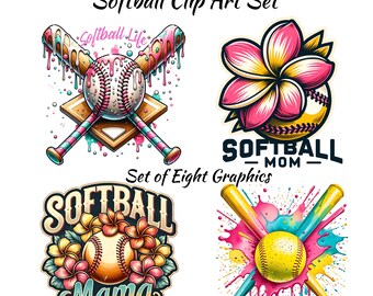 Pacchetto di clip art di softball per ragazze - Set di 8 immagini PNG a 300 DPI, design floreale per mamme di softball per magliette, borse o felpe