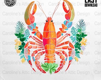 Lobster Png Digital, Floral Lobster Download, Sea Life Png, Crustacean Art, Colorful Lobster Digital Download png, Summer Design