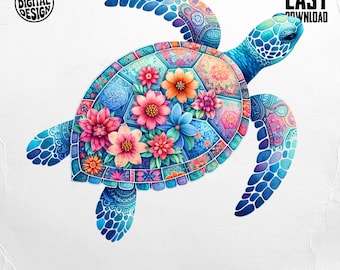 Floral Sea Turtle Png, Digital Download Png, Turtle Clipart, Flower Turtle Design, Sublimation Png, Digital Download