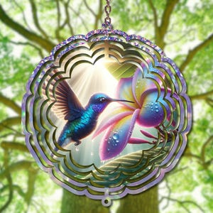 Realistic Hummingbird Wind Spinner,Blue Bird PNG, Plumeria Flower Sublimation Design, Nature Lover Glitter Garden Decor, Outdoor Art Gift