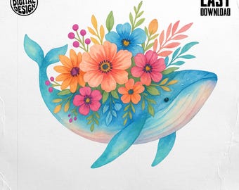 Balena floreale PNG, Clipart di balena, Balena floreale, Oceano PNG, Balena acquerello, Download digitale PNG, Digitale