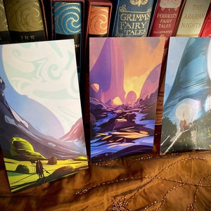 Stylised Fantasy TRIPTYCH: Fine Art Prints of THREE original paintings «Strange Sunset», «Nature’s Altar» and «High Hills»