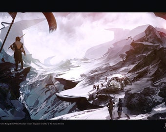 Puede incluir: Una ilustración de fantasía que representa un paisaje montañoso nevado con un grupo de figuras de pie en un acantilado con vistas a un valle. Las figuras visten ropas oscuras y llevan armas. En la distancia, se puede ver una gran estructura blanca en forma de cúpula. El texto "The Oath", el Rey de la Montaña Blanca jura lealtad a Isildur en la Piedra de Erech" es visible en la parte inferior de la imagen.