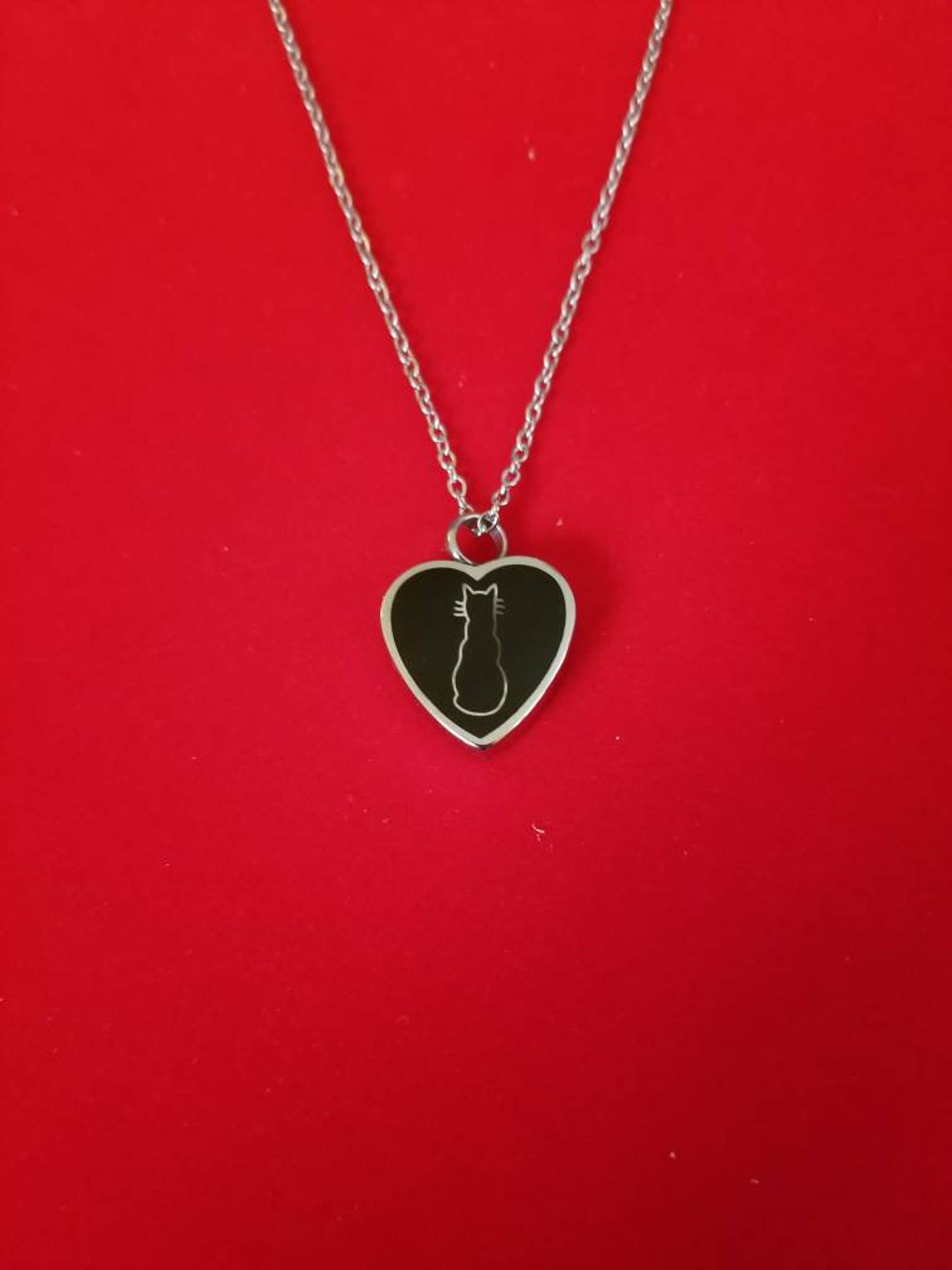 Silver and Black Heart Cat Urn Necklace Cremation Necklace Etsy