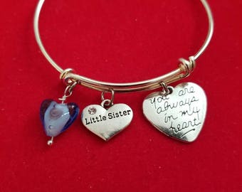 Silver Glass Heart Little Sister Charm Bracelet