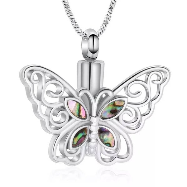 Silver Irredescent Butterfly Urn Necklace - Cremation Jewelry - Cremation Necklace - Urn Necklace - Ashes - Butterfly Urn - Necklace - Urn