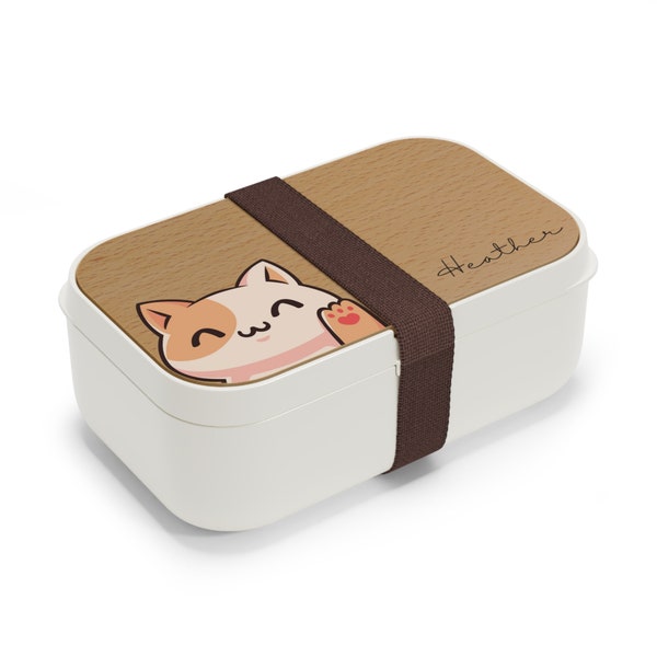 Bento box Kawaii Cat Personalized Sushi  Lunch Box for Teens and Adults Cute Container adjustable compartments reusable silverware