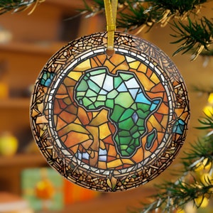 Africa Stained Glass Look Print Travel Ornament Gold Ribbon - Clear Glass B Wall Window Christmas Tree Home Decor Gift Kwanzaa Keepsake xmas