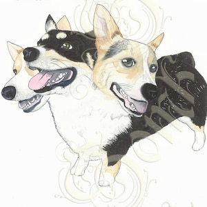 May include: A watercolor painting of three corgi dogs with black, white, and brown fur. The dogs are looking to the left and have their tongues sticking out.