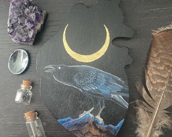 Crow Painting on Heart Panel