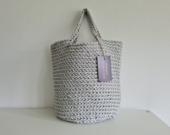 Shopping bag, LIGHT GRAY, tote bag, Scandinavian style, rustic tubular band, crocheted, in many colors, approx. 32 x 36 cm, handmade