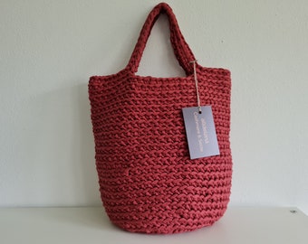 Shopping bag, WINE RED, tote bag, Scandinavian style, rustic tubular band, crocheted, in many colors, approx. 32 x 36 cm, handmade