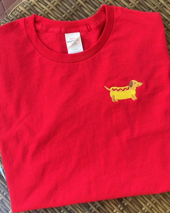 Dachshund T-shirt / Doxie Shirt / Embroidered Dachshund / Emroidered Hotdog Shirt / Weiner Dog Shirt / Hotdog Shirt / Dog Mom Shirt