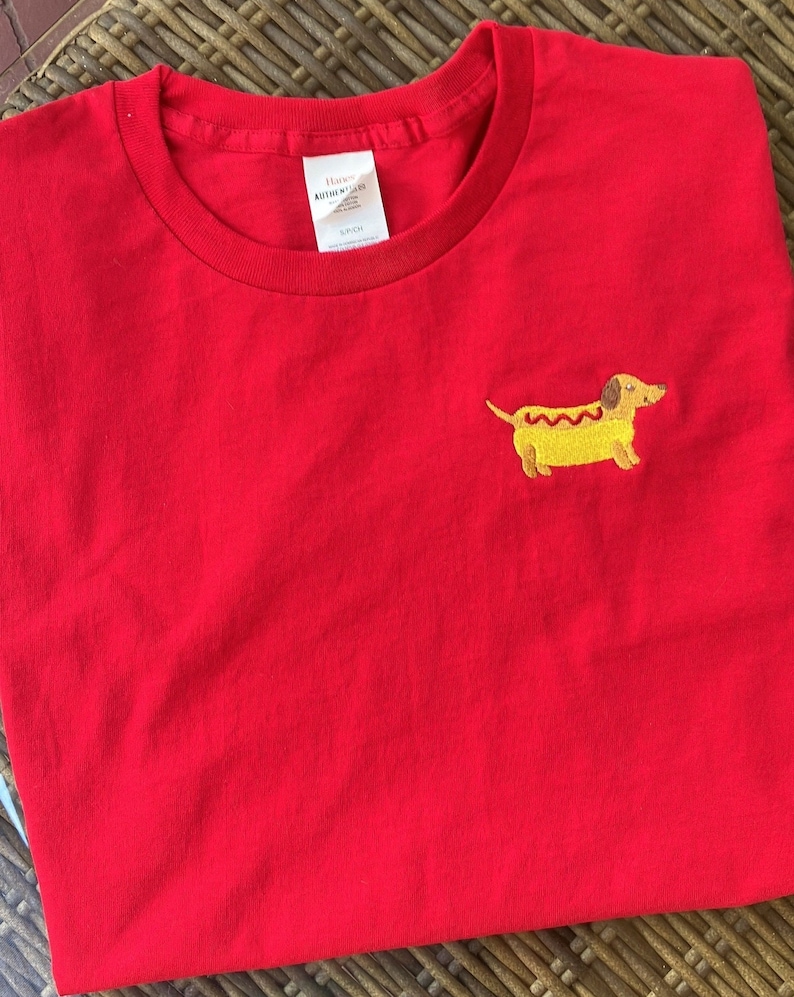 Dachshund T-shirt / Doxie Shirt / Embroidered Dachshund / Emroidered Hotdog Shirt / Weiner Dog Shirt / Hotdog Shirt / Dog Mom Shirt image 1