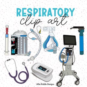 May include: A collection of medical respiratory clip art illustrations. Includes a ventilator, stethoscope, oxygen mask, and other medical devices. The text "RESPIRATORY clip art" is displayed in the image, along with the artist's name.