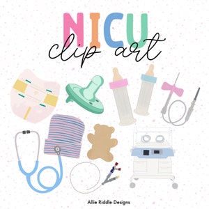 Puede incluir: Clipart de NICU con una variedad de equipos médicos y artículos para bebés, que incluyen un estetoscopio, un chupete, un pañal, un osito de peluche, un biberón, una jeringa y un carro médico.