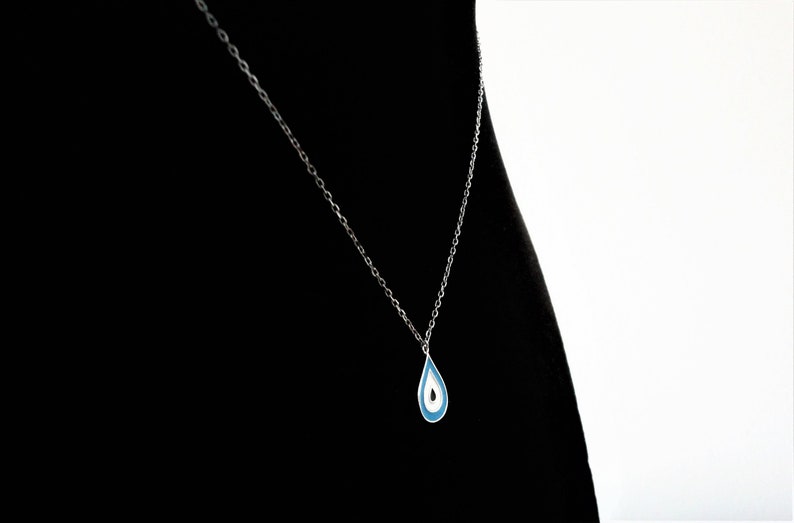 Greece. Micro Pave Pendant Minimalist Evil Eye Necklace Dainty Necklace Personalize Jewelry 925 Silver Blue /& White Enamel Pendant