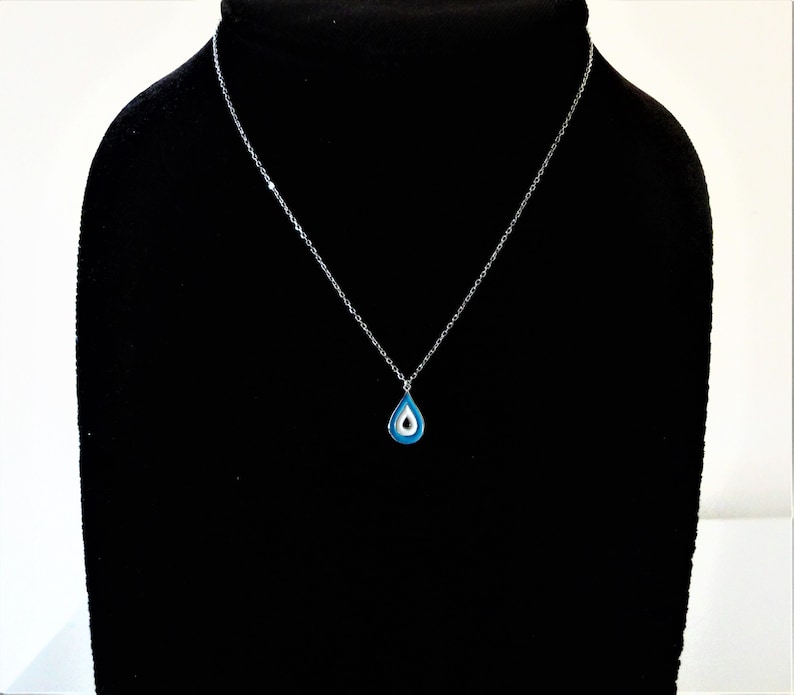 Greece. Micro Pave Pendant Minimalist Evil Eye Necklace Dainty Necklace Personalize Jewelry 925 Silver Blue /& White Enamel Pendant