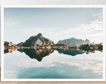 Norway Landscape print, Wall Art Print, Interior Home decor Printable Digital Download, Large Poster, mountain print, Reine water reflection