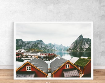 Norway print, Norway printable wall art, scandi print, norwegian wall art, mountain print, nature poster, Norway poster, village print, art