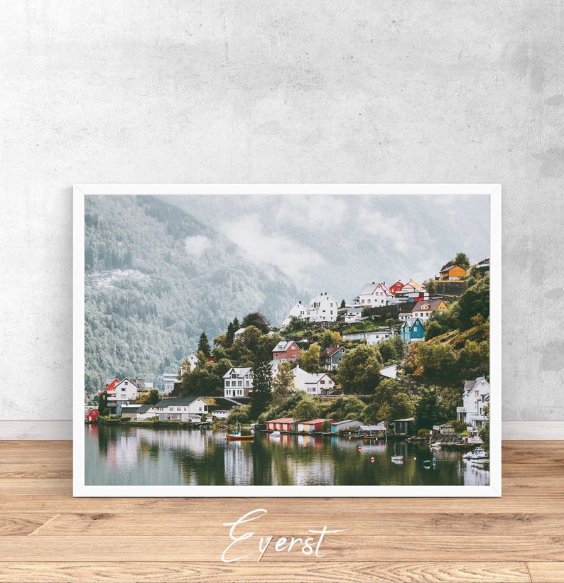 Odda city Landscape in Norway, Wall Art Print, Interior Home decor Printable Digital Download, Large Poster, scandinavian print photography image 1