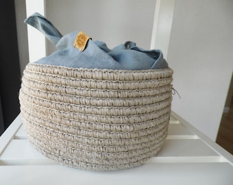 Handmade Crochet Linen Basket with Cover, Rustic Kitchen Storage