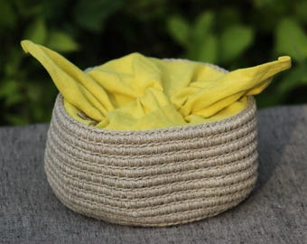 Handmade Crochet Linen Basket | Rustic Home Decor Storage