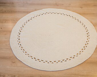 Large Crochet Wool Rug | 59" Round, Handwoven Textile