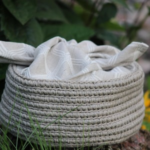 Crochet Basket with Cover Handmade Kitchen Picnic Basket Organiser Bread Box Food Storage Linen Utensil Holder Rustic Decoration
