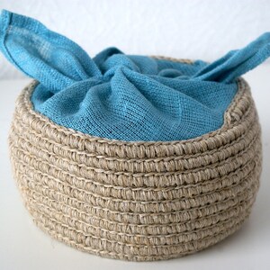 Crochet Basket with Cover Handmade Kitchen Picnic Basket Organiser Bread Box Food Storage Linen Utensil Holder Rustic Decoration