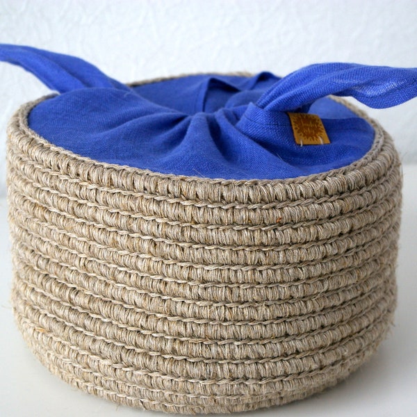 Crochet Basket with Cover Handmade Kitchen Picnic Basket Organiser Bread Box Food Storage Linen Utensil Holder Rustic Decoration