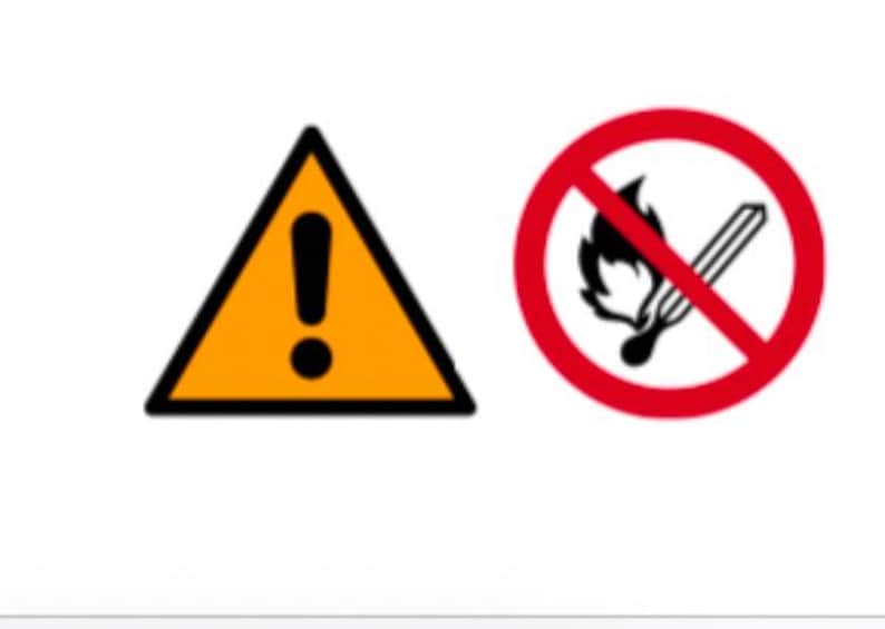May include: A yellow triangle with a black exclamation point inside, and a red circle with a diagonal line through it. The circle contains a black image of a match with a flame.
