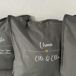 May include: Two gray throw pillows with white text. The pillow on the right says "Uroma" with a small gold heart and "Elli & Ella" underneath.
