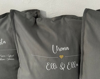 May include: Two gray throw pillows with white text. The pillow on the right says "Uroma" with a small gold heart and "Elli & Ella" underneath.