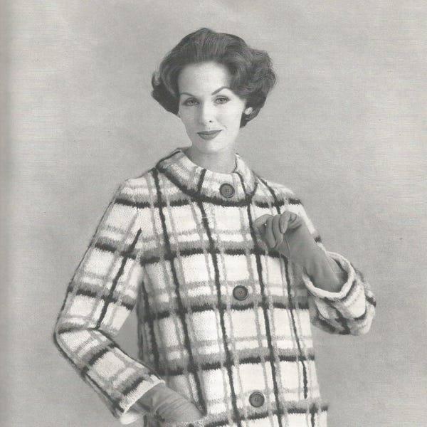 PDF for 1950s Vintage Knitting Pattern - Womens Plaid Coat - PDF Instant Digital Download - Ladies sizes, Classic Stylish Retro Look Jacket