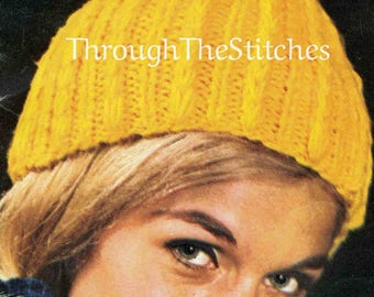 PDF, 2-Hour Ladies Hat to Knit, Super Fast Easy 1960s Vintage Knitting Pattern, Winter Cap w/ Pom-Pom, Instant PDF Digital Download, Womens