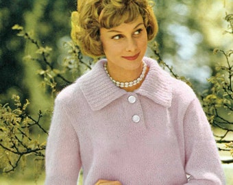 PDF Vintage Knitting Pattern to knit Womens Pullover Sweater, wide collar, retro 1960s, PDF Instant Digital Download, Ladies size 14 16 18