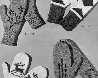 4 Vintage 40s Knitting Patterns for Adult Mittens Reindeer, Embroidered, Geometric, PDF Instant Digital Download, Easy Knit Flat, Ladies Men