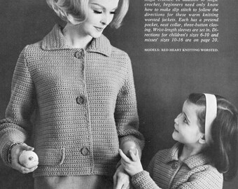 Easy Big Sister-Little Sis Jackets Cardigans or Mother-Daughter, 1960s Vintage Crochet Pattern, PDF Instant Digital Download, Ladies Girls