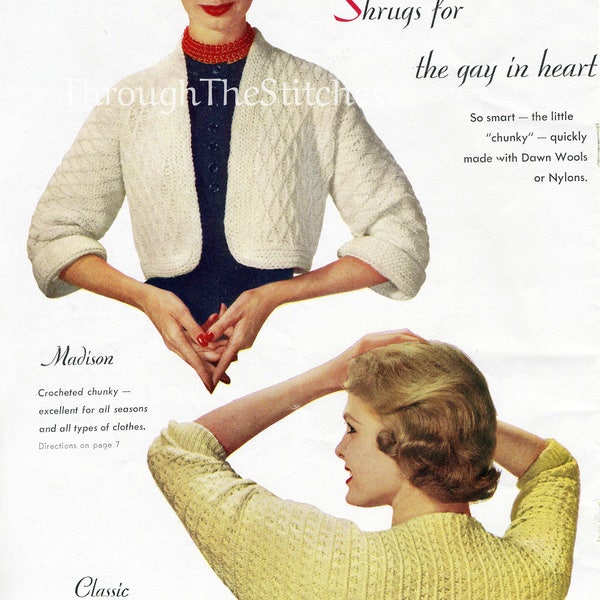 PDF 2 Ladies Vintage 1950s Crochet Patterns, Classic Shrug & Open Crop Jacket, PDF Instant Digital Download, Texture Quick Easy Retro Style